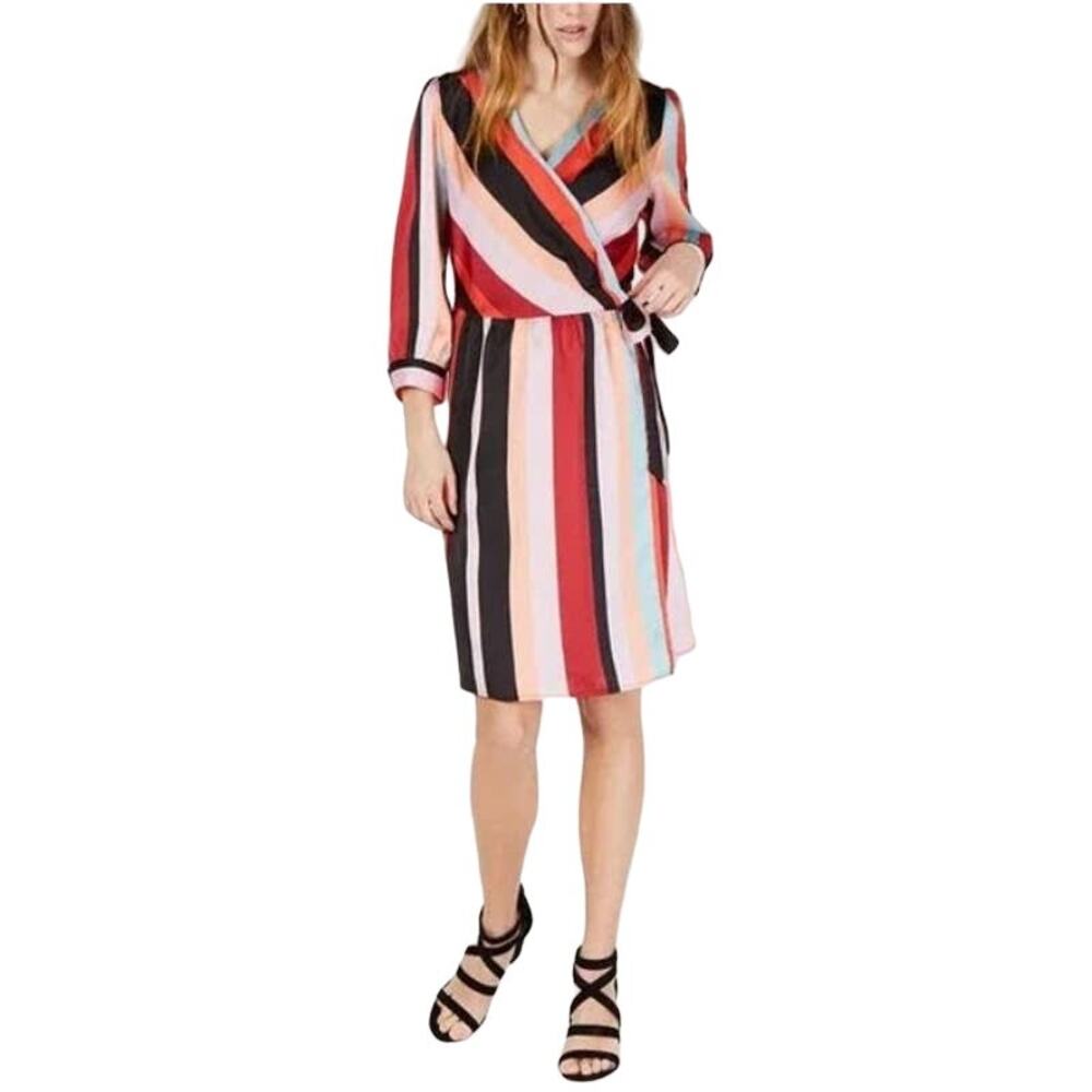 BAR III dress XL multicolor striped 3/4 sleeve wrap tie knee-length Party